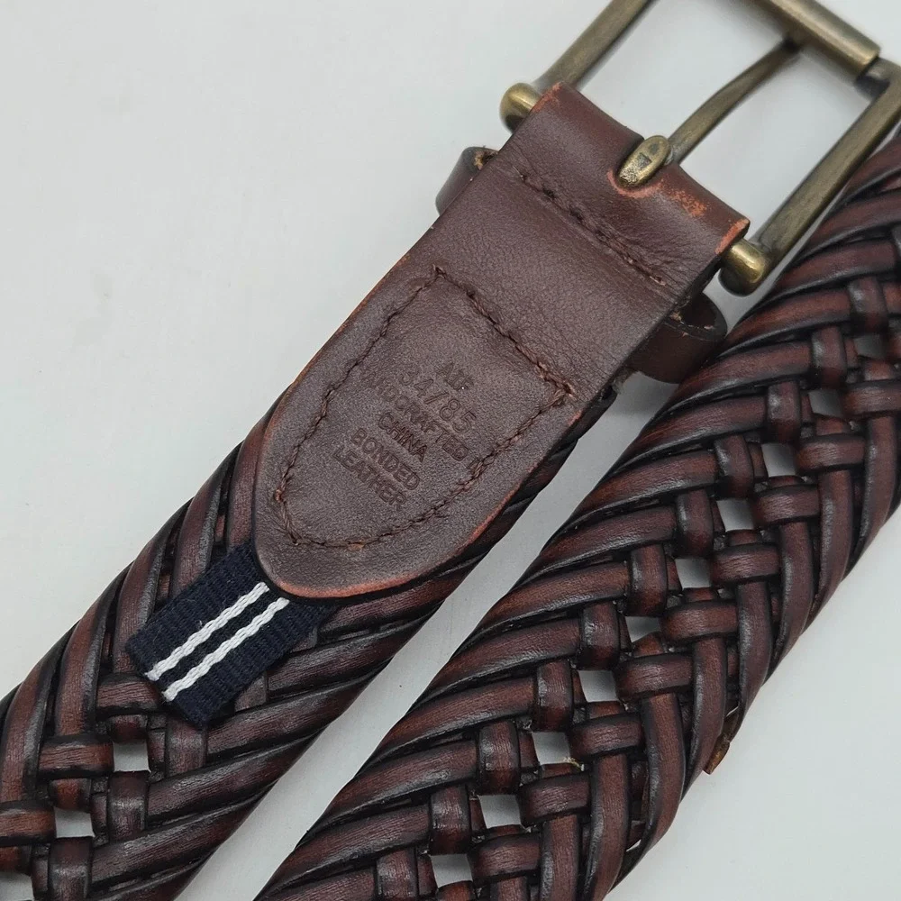 Nautica Braided Belt Brown Leather Mens 34 Bronze Buckle New